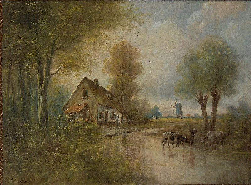 unknow artist Landscape with cows, small farm and windmill oil painting picture